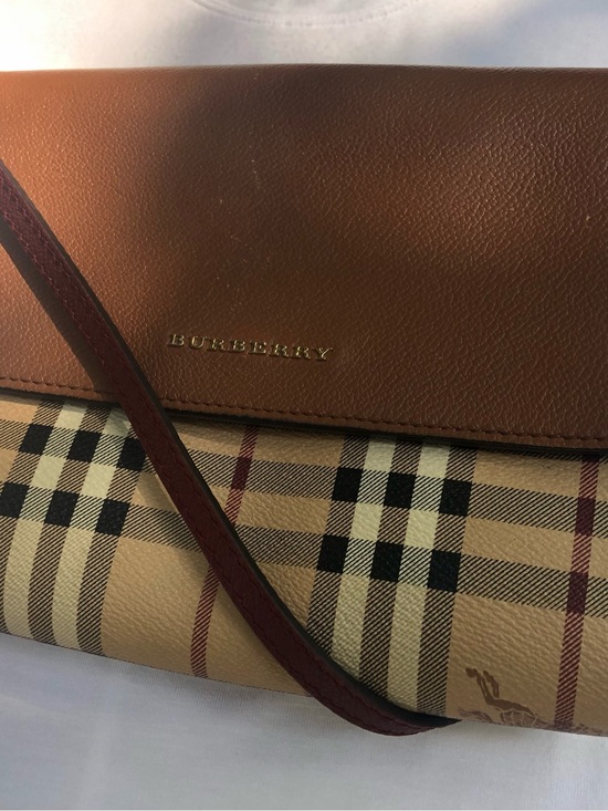 Burberry Handbags - Burberry Tan & Brown Check Crossbody Bag with Burgundy Strap